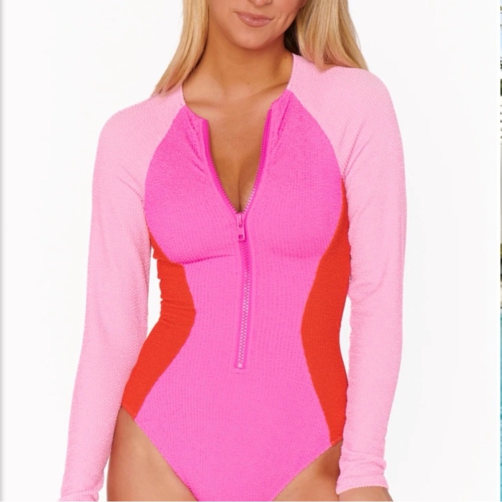 Show Me Your MuMu Pink and Red Long Sleeve One-Piece Swimsuit